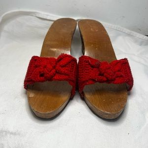 Brown and red floral knitted shoes, wood, very vintage